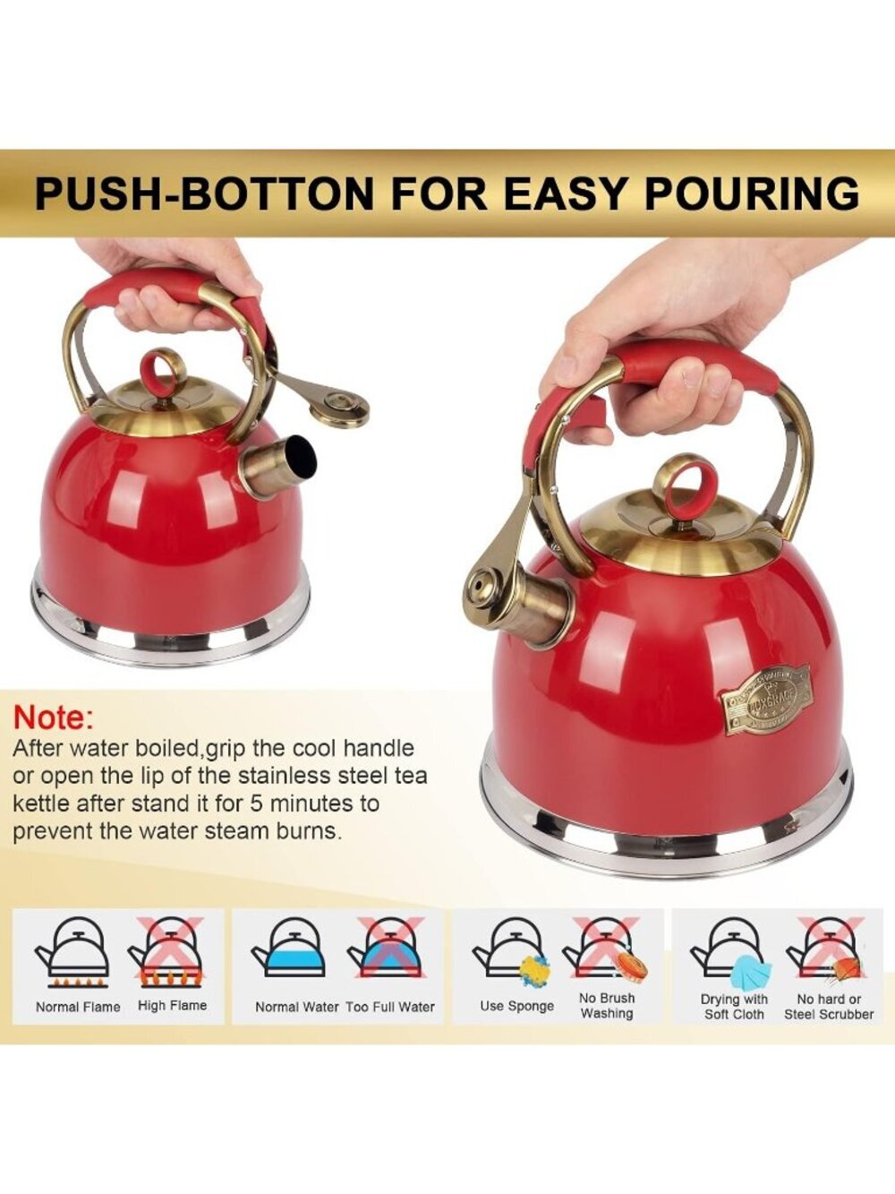 Red Whistling Stainless Steel Kitchen Tea Kettles 2.6 Quart Stovetop Induction - Picture 5 of 6